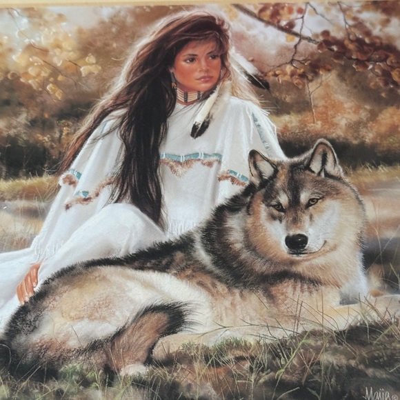 Maija 1993 Vintage Aspen Gold Native American Woman and Wolf Art Print 10x10 - Picture 2 of 11